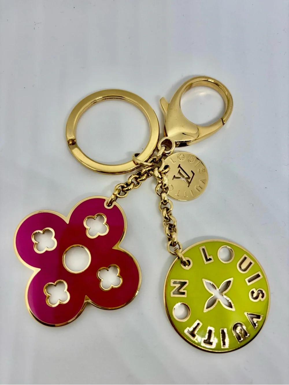Louis Vuitton Pink & Green Enamel Flower Keyring with Gold Hardware